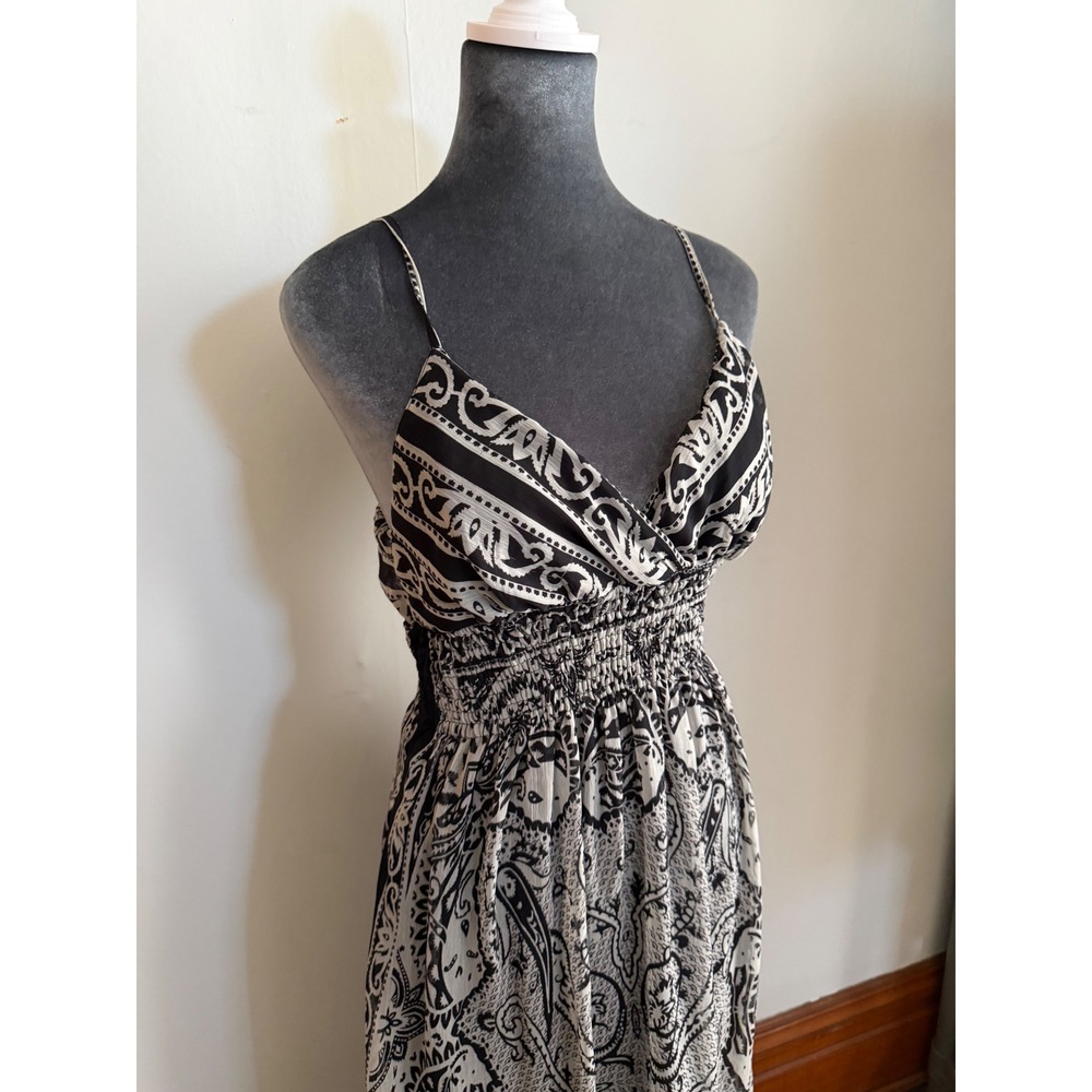 Y2k Black White Paisley Chiffon Smocked Maxi Dress Size M Boho hippie Strappy - Picture 5 of 9